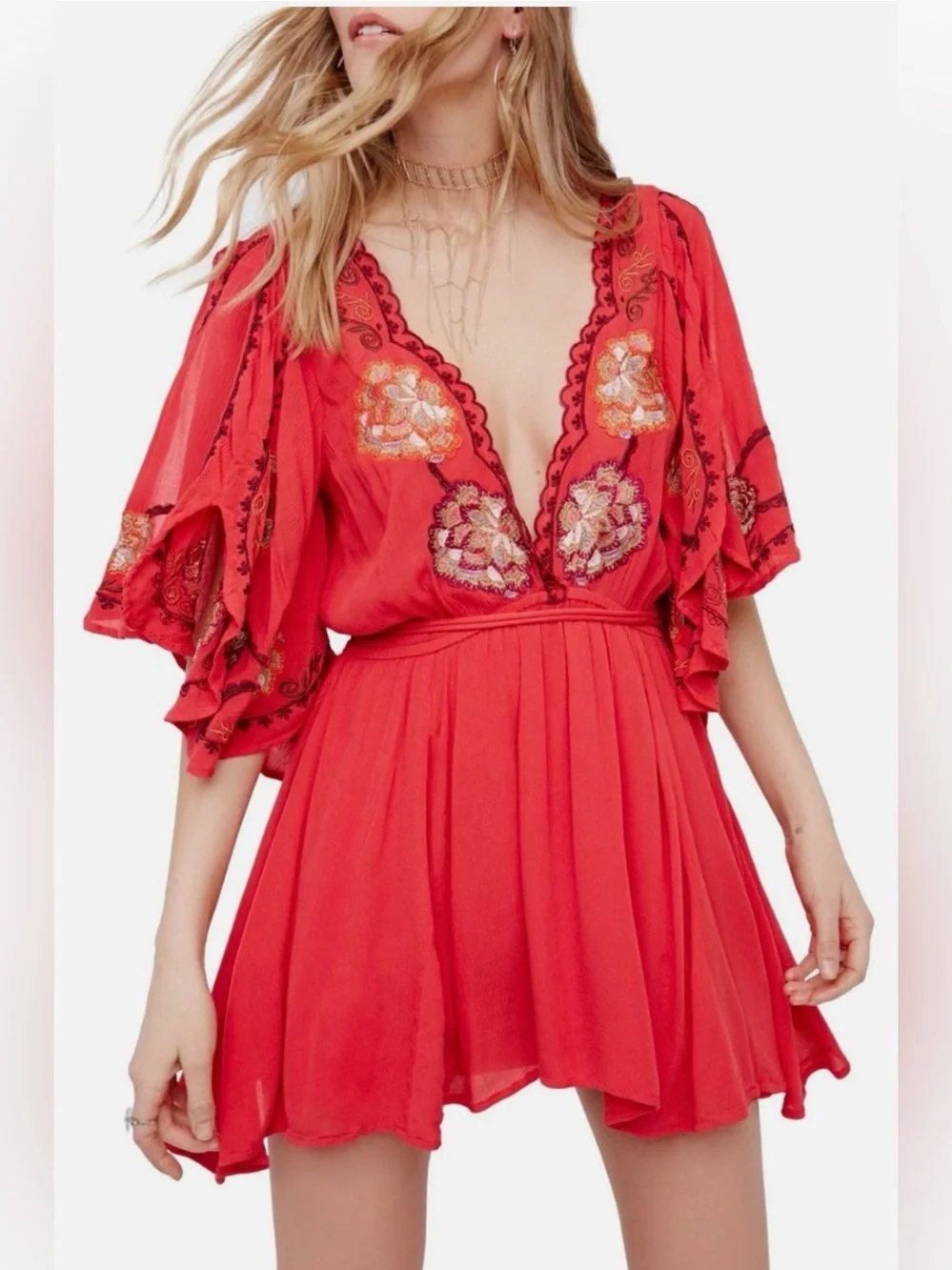 Free People Red Embroidered Tassel Tie Mini Dress